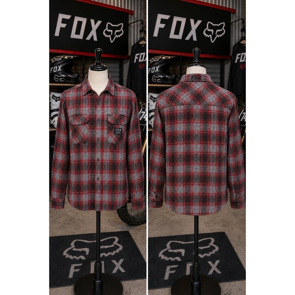 FOX Racing Plaid Flannel Button Up Shirt Gray Red Men’s Medium